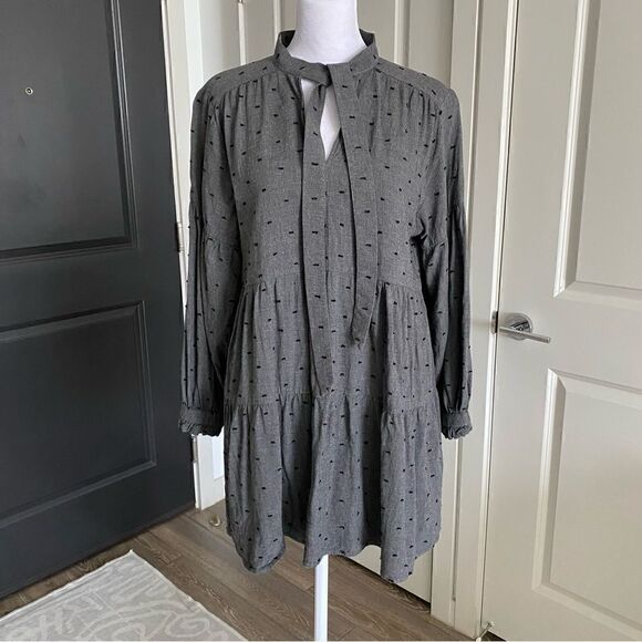 Zara Gray Tie Collar A-Line Long Sleeve Shirt Dress Size M - Picture 1 of 9